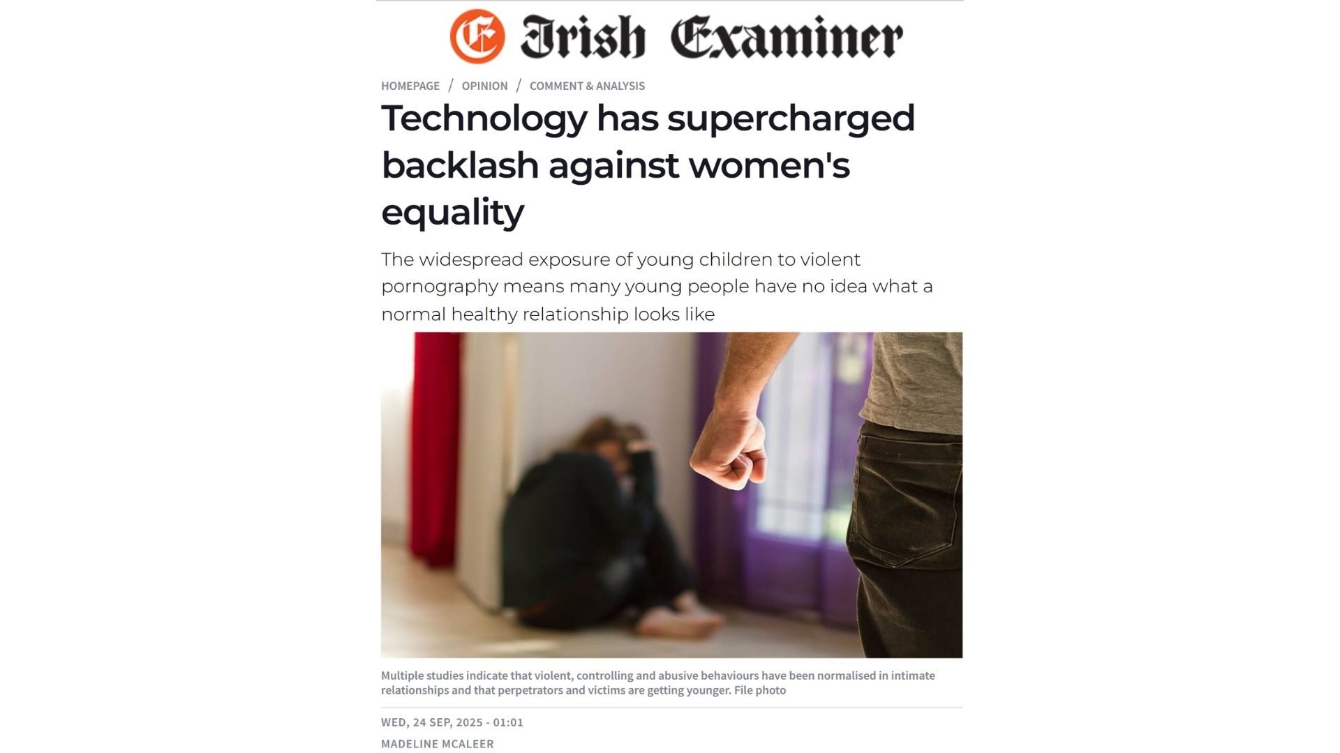 Irish Examiner – ‘Technology has supercharged backlash against women’s equality’ Op Ed by Madeline Mc Aleer (2025)