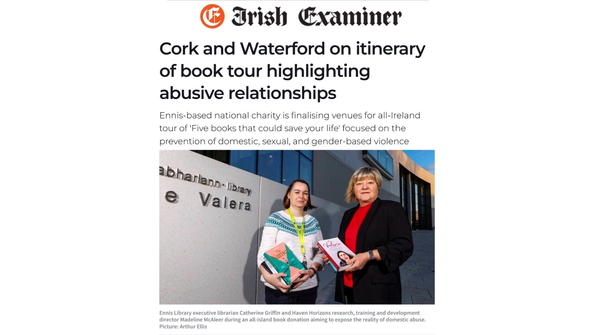 Irish Examiner – Cork and Waterford on itinerary of book tour highlighting abusive relationships (2025)